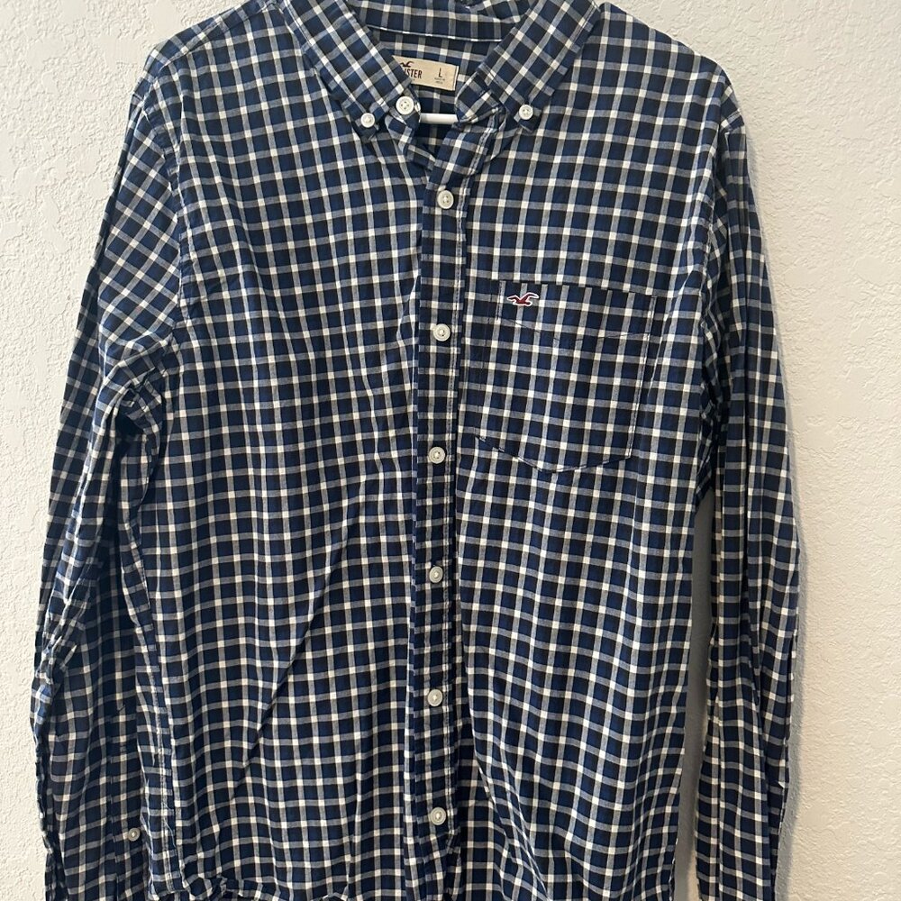 Hollister Blue Black & White Plaid Print Long Sleeve Button Down Shirt - L